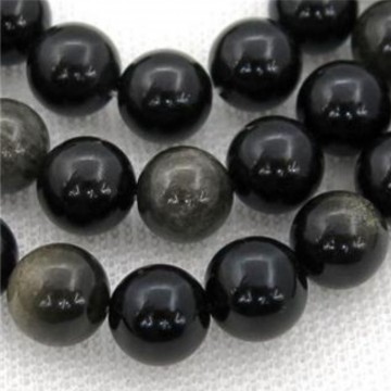 Obsidian, svart (Ekte) med hull, 8 mm, runde (20 stk)