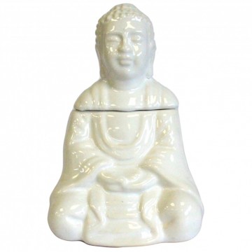 Sitting Buddha oljebrenner i keramikk, hvit 14 cm
