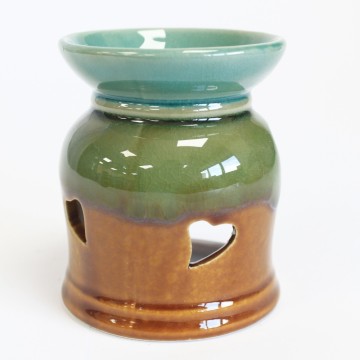Hjerter oljebrenner i keramikk, grønn og brun 12 cm