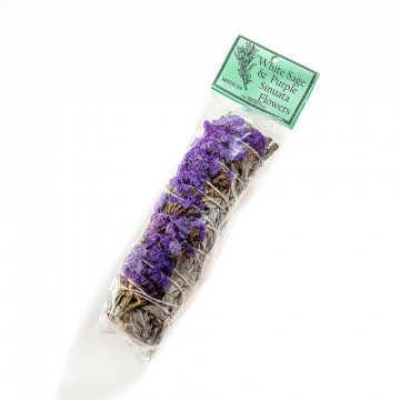 Smudge Stick - hvit salvie og lilla Sinuata blomster