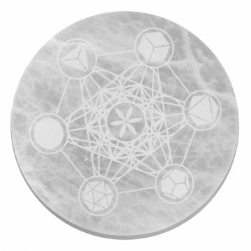Selenitt, hvit charging plate sacred geometry, 18 cm