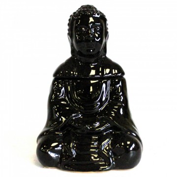 Sitting Buddha oljebrenner i keramikk, svart 14 cm