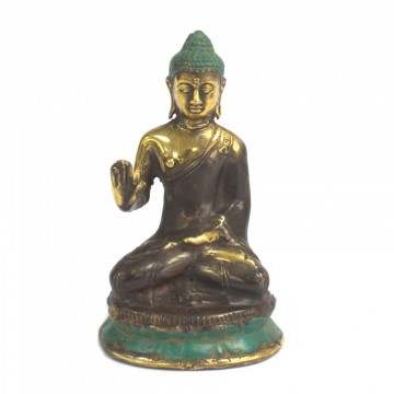Buddha sittende med hånd opp medium i messing 10 cm
