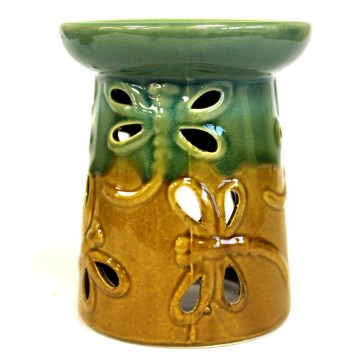 Øyenstikker oljebrenner i keramikk, grønn og brun 12 cm