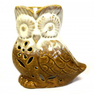 Ugle oljebrenner i keramikk, hvit og brun 12 cm
